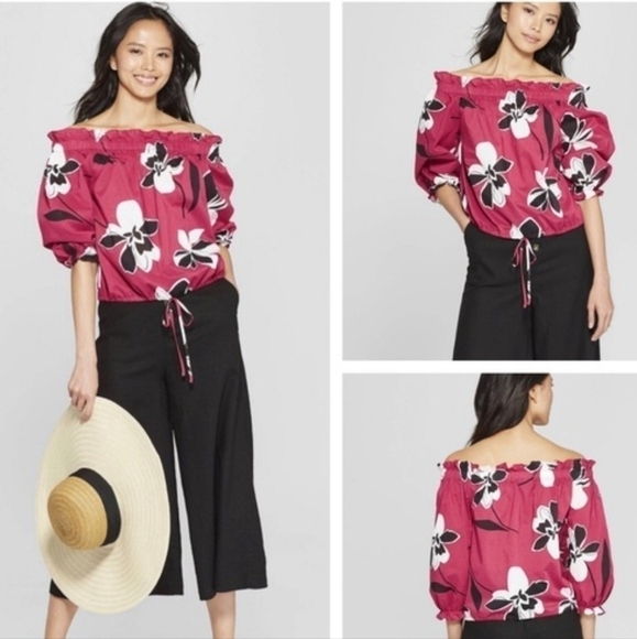 Who What Wear Off The Shoulder Floral Balloon Sleeve Top - Picture 9 of 9